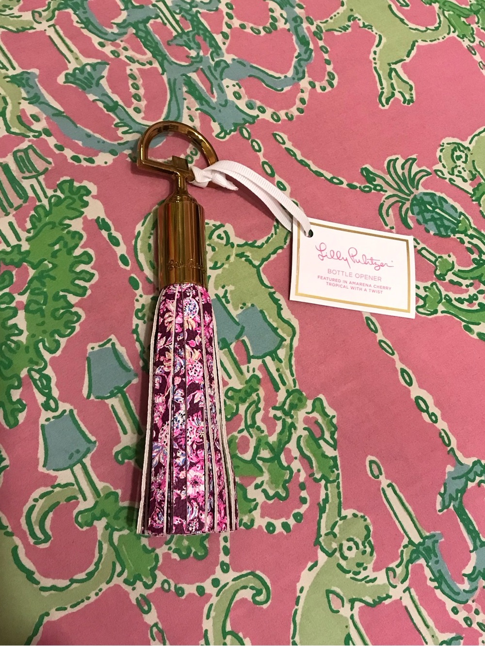 Lilly Pulitzer "Amarena Cherry" leatherette tassel Bottle Opener NWT